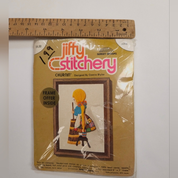 Jiffy Stitchery Crewel Embroidery Kit Churnin' 5x7 Vintage 70s Patchwork Girl - Picture 7 of 7